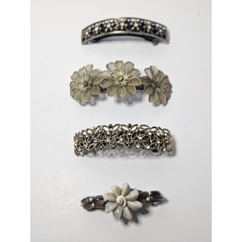 Vintage Hair Barrettes Lot 4pc Metal Mesh Wire Flower Filigree Cowrie Shell Clip